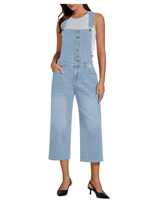 FleXoroy Women's Stretchy Denim Overalls Loose Fit Cropped Wide Leg Summer Capri Jumpsuit with Button Front Bib Overall