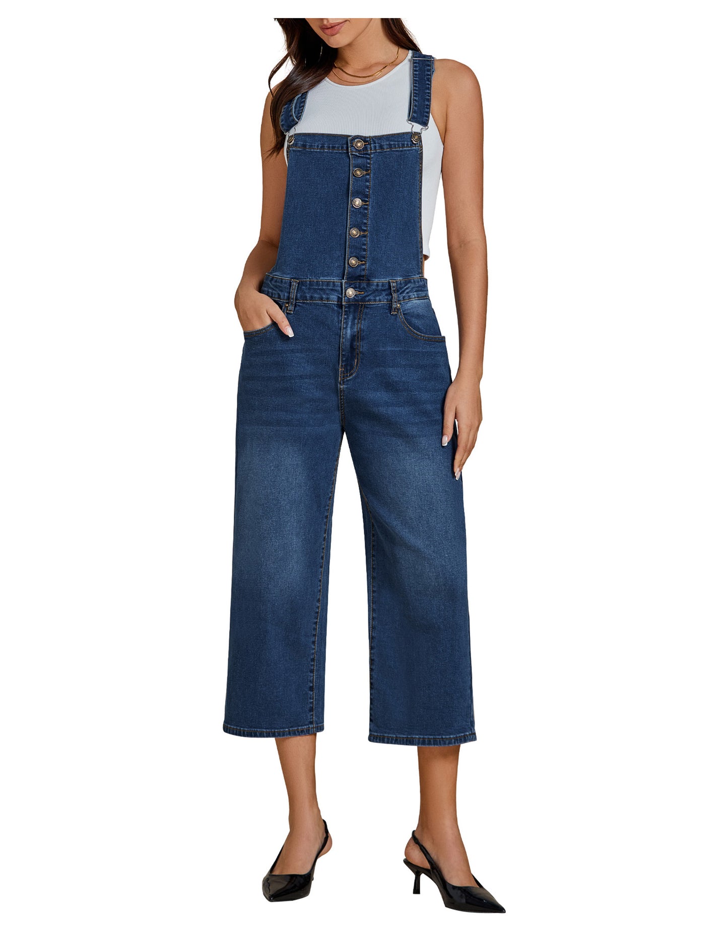FleXoroy Women's Stretchy Denim Overalls Loose Fit Cropped Wide Leg Summer Capri Jumpsuit with Button Front Bib Overall