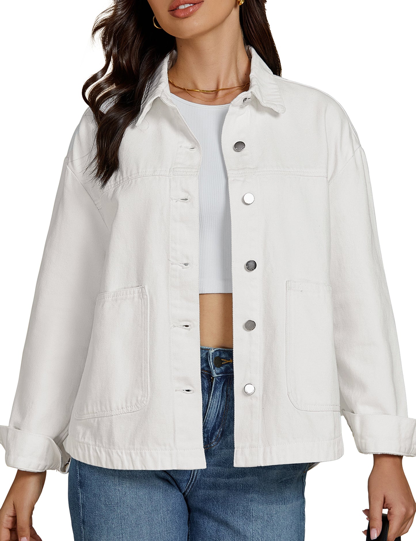 FleXoroy Women's Trendy Denim Retro Long Sleeve Button Down Casual Jacket with Pockets