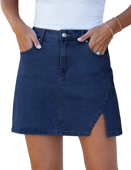 FleXoroy Women's High Waisted Stretchy Denim Jean Skirts with Slit Trendy Casual Slim Fit Short Skirt