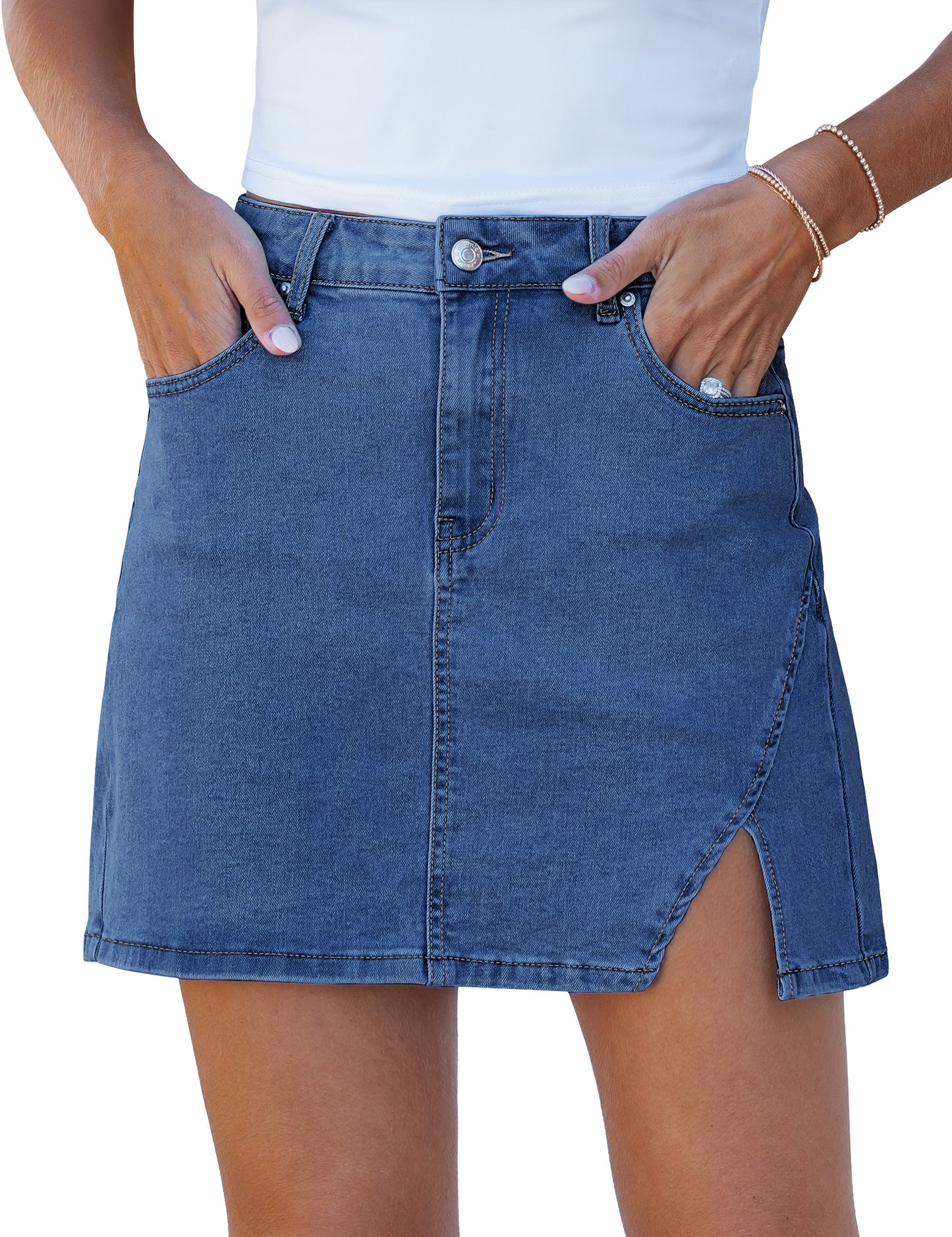 FleXoroy Women's High Waisted Stretchy Denim Jean Skirts with Slit Trendy Casual Slim Fit Short Skirt