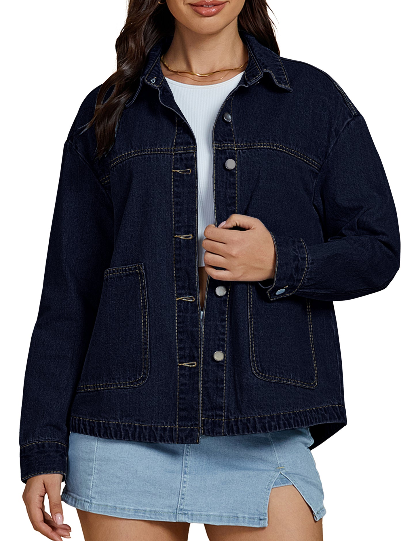 FleXoroy Women's Trendy Denim Retro Long Sleeve Button Down Casual Jacket with Pockets