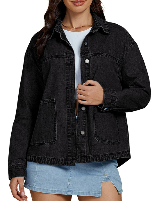 FleXoroy Women's Trendy Denim Retro Long Sleeve Button Down Casual Jacket with Pockets