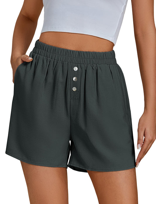 FleXoroy Women's High Rise Elastic Waist Pull on Lounge Comfy Linen Shorts with Pockets