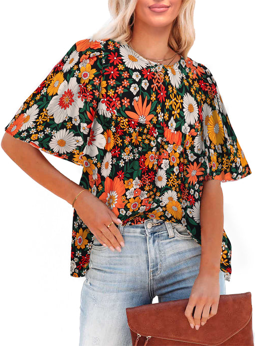 FleXoroy 2025 Women's Flowy Boho Floral Babydoll Summer Blouses with Bell Sleeves