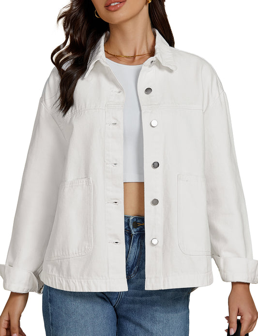 FleXoroy Women's Trendy Denim Retro Long Sleeve Button Down Casual Jacket with Pockets