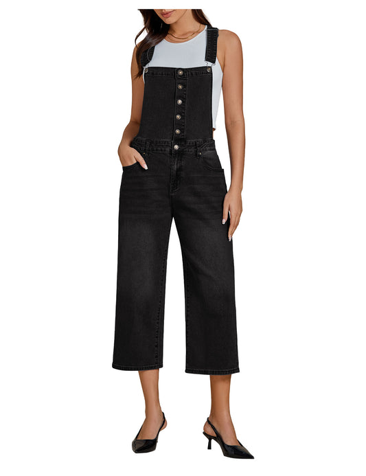 FleXoroy Women's Stretchy Denim Overalls Loose Fit Cropped Wide Leg Summer Capri Jumpsuit with Button Front Bib Overall