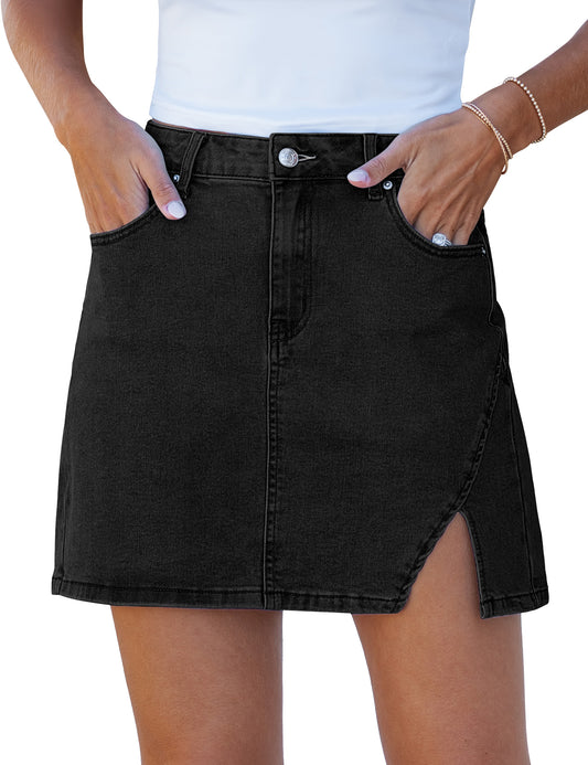 FleXoroy Women's High Waisted Stretchy Denim Jean Skirts with Slit Trendy Casual Slim Fit Short Skirt