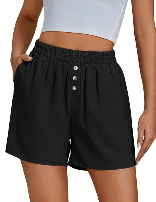 FleXoroy Women's High Rise Elastic Waist Pull on Lounge Comfy Linen Shorts with Pockets